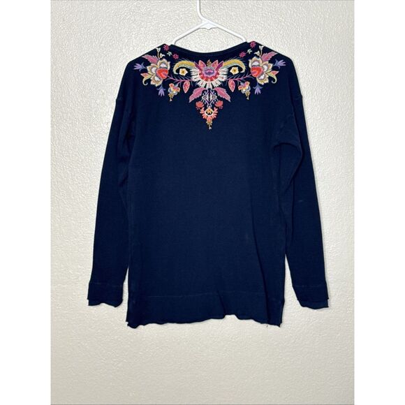 Johnny Was Ioana Thermal Long Sleeve Top Embroidered Waffle Boho Navy Sz M - Picture 5 of 11